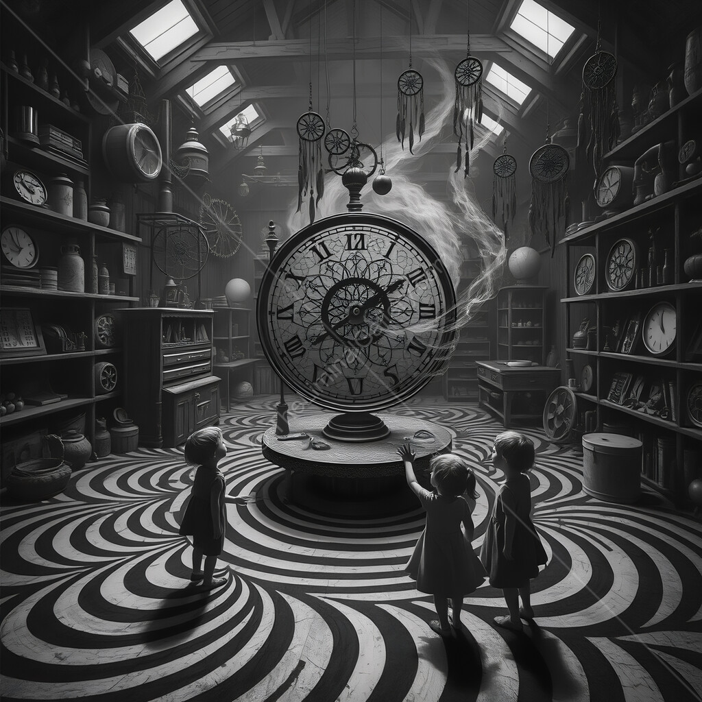 Children explore a whimsical clock shop filled with mysteries and magic in an enchanting and surreal atmosphere