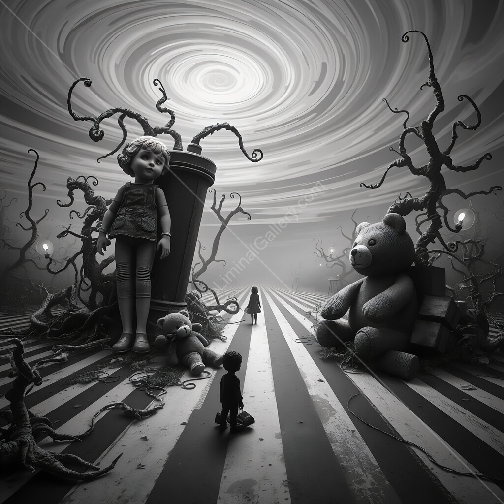 Whimsical journey through a dreamlike landscape of toys and shadows in a surreal world