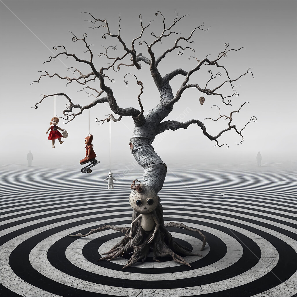 Whimsical tree stands out in a surreal landscape filled with hanging dolls and a mysterious atmosphere