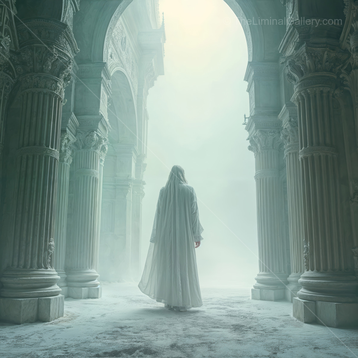 Mysterious figure in a foggy ancient corridor at dawn, surrounded by grand architecture and soft light
