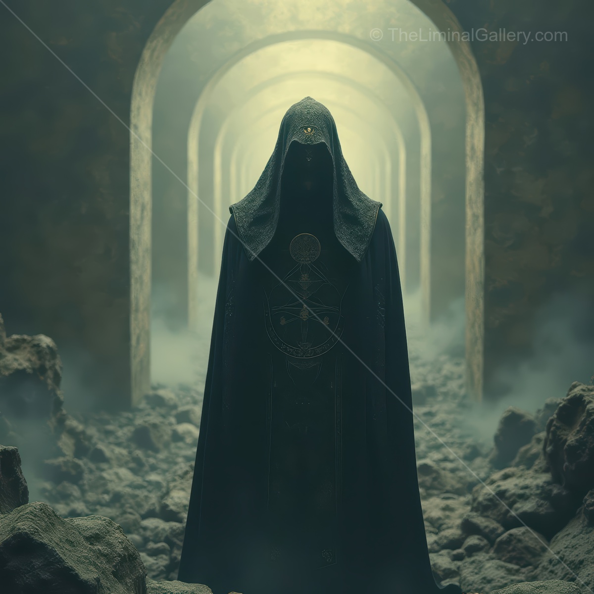 Mysterious figure cloaked in shadows stands amidst ancient stones in an otherworldly tunnel