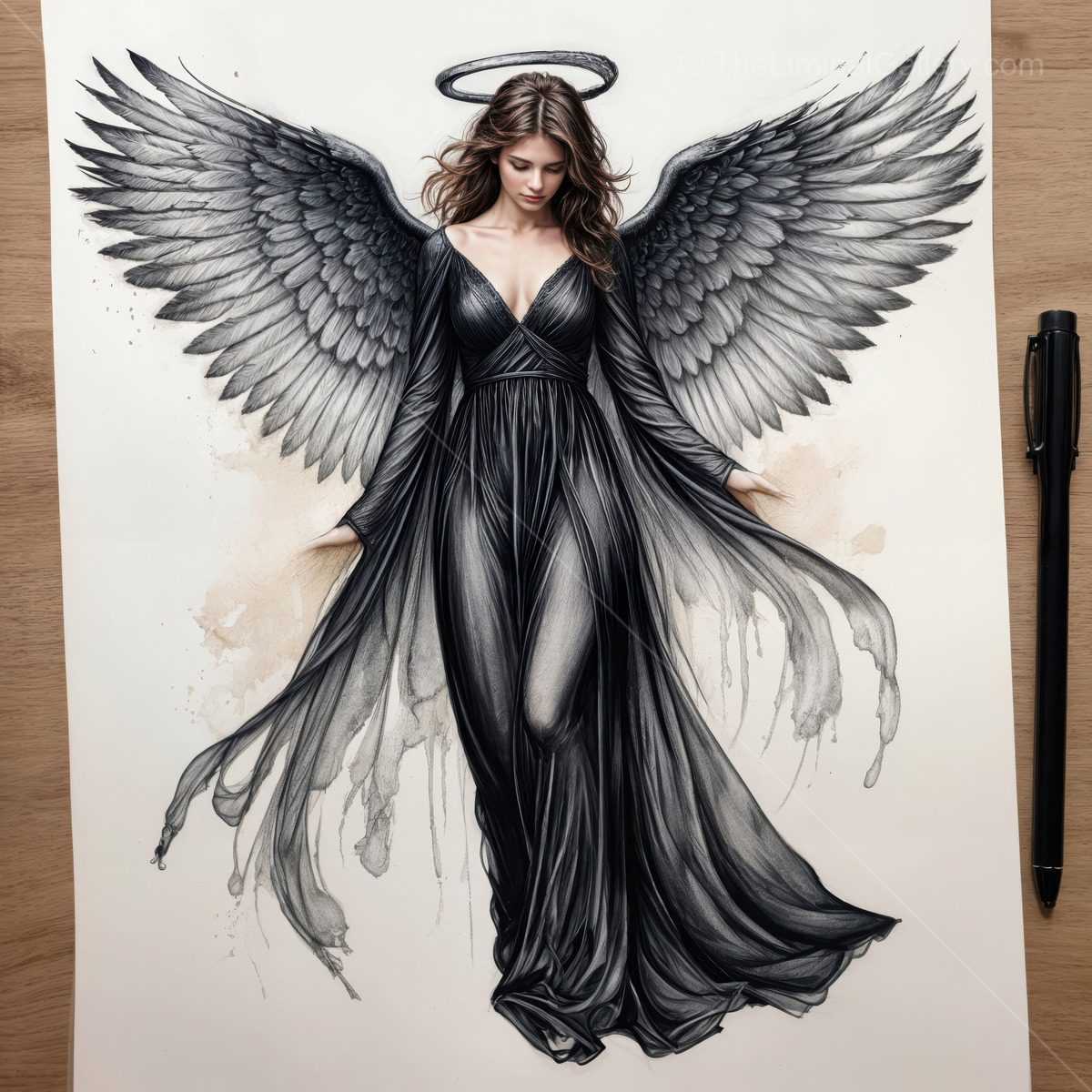 Angel in black gown with flowing wings captures ethereal beauty and grace in an artistic portrayal of serenity during twilight hours