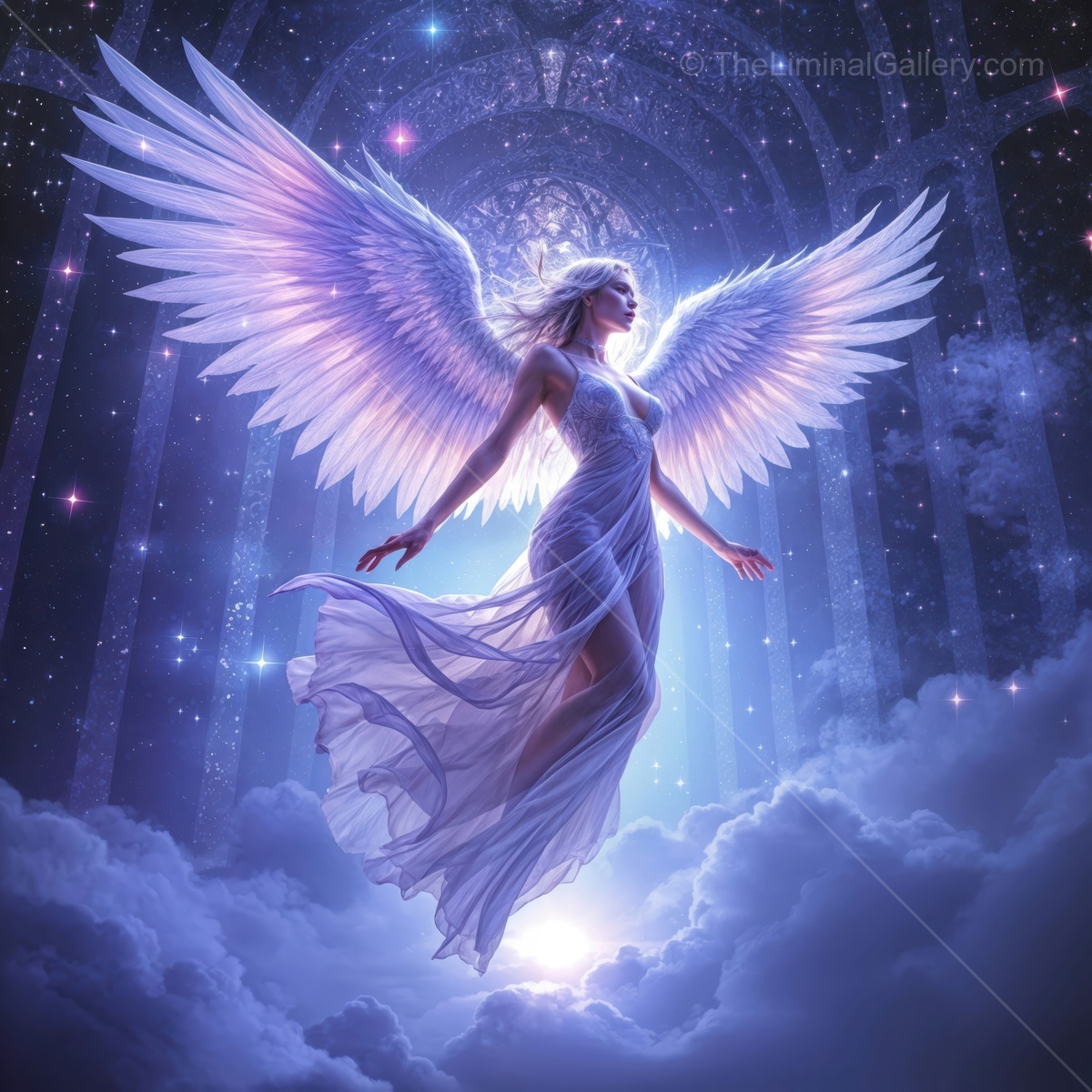 Ethereal angel gracefully descends through celestial clouds illuminated by starlight