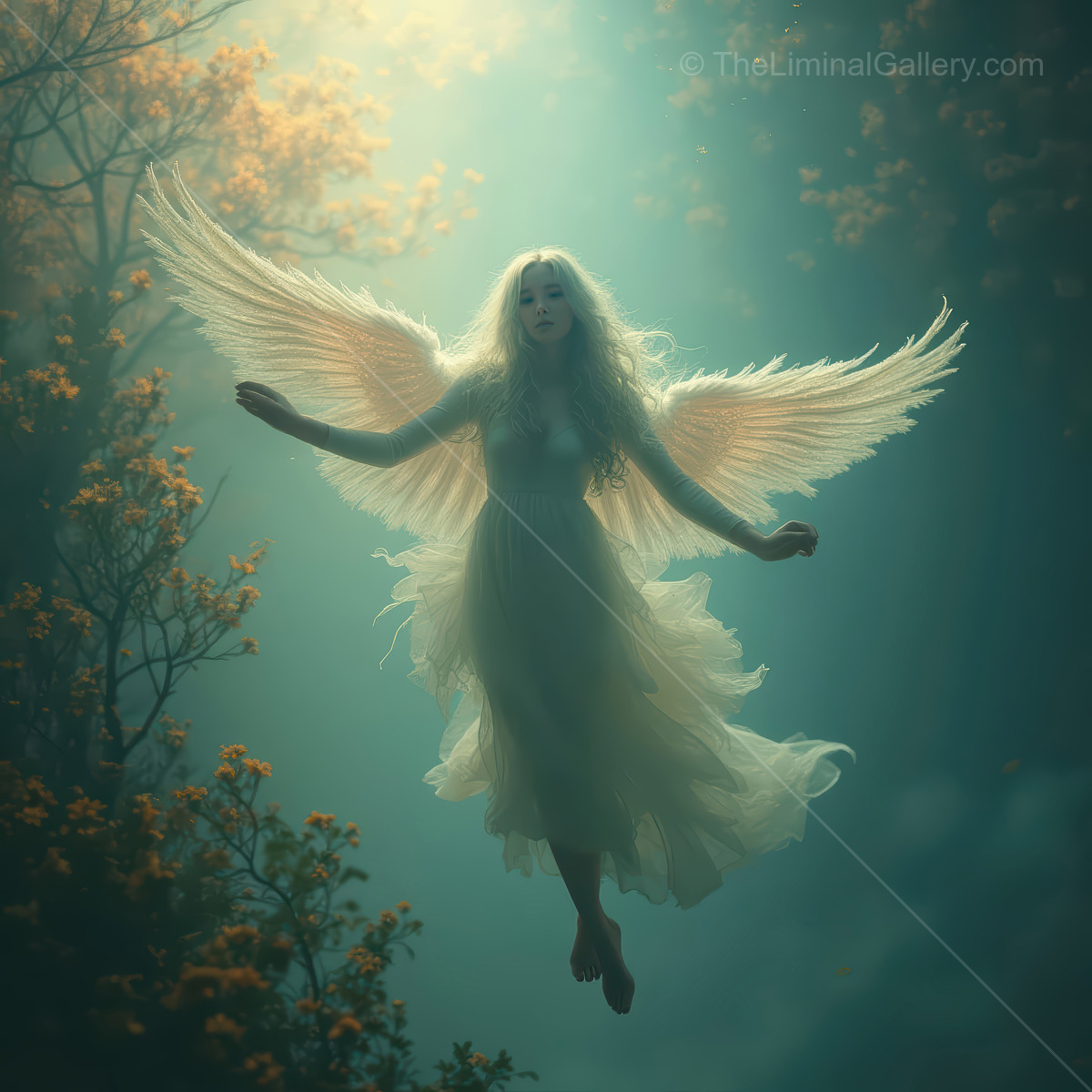 Enchanting angelic figure gracefully descends through a mystical forest adorned with soft, golden light