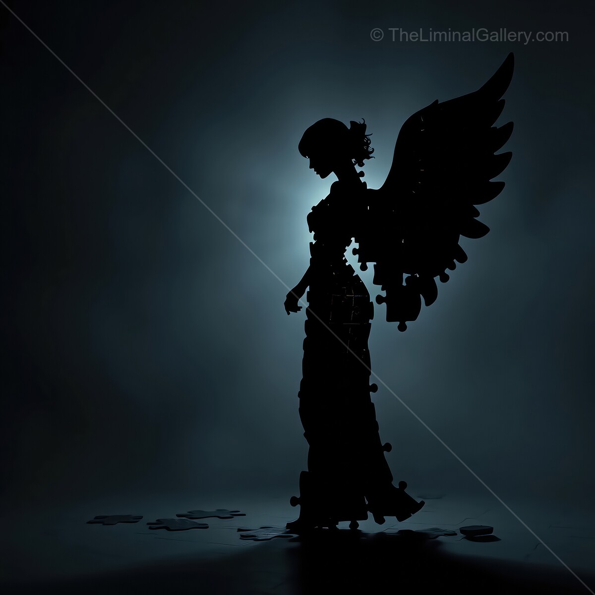 Silhouette of a majestic angel woman made from puzzle pieces in a dimly lit space