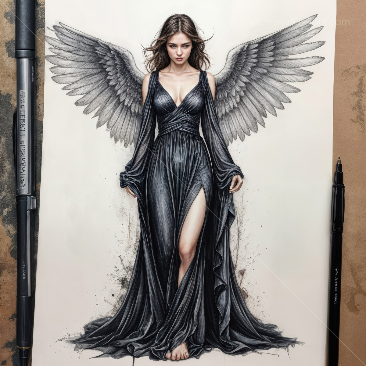Enchanting angelic figure embodies grace and strength with detailed wings and a flowing dress in a mesmerizing artistic portrayal