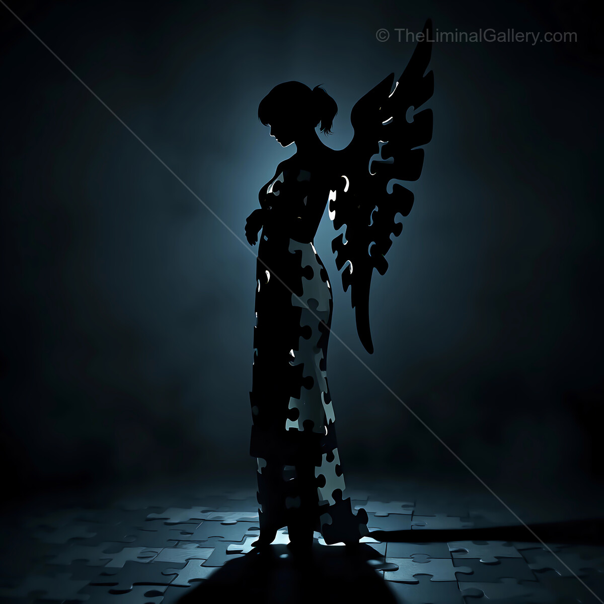 Mystical puzzle figure with angel wings in dark, ethereal light