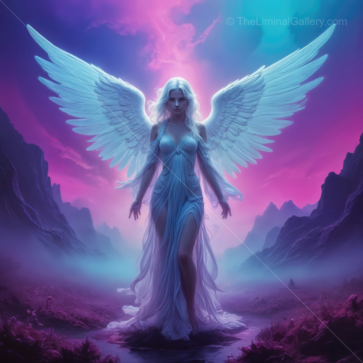 Ethereal angelic figure emerges in a mystical landscape under a vibrant sky at dusk