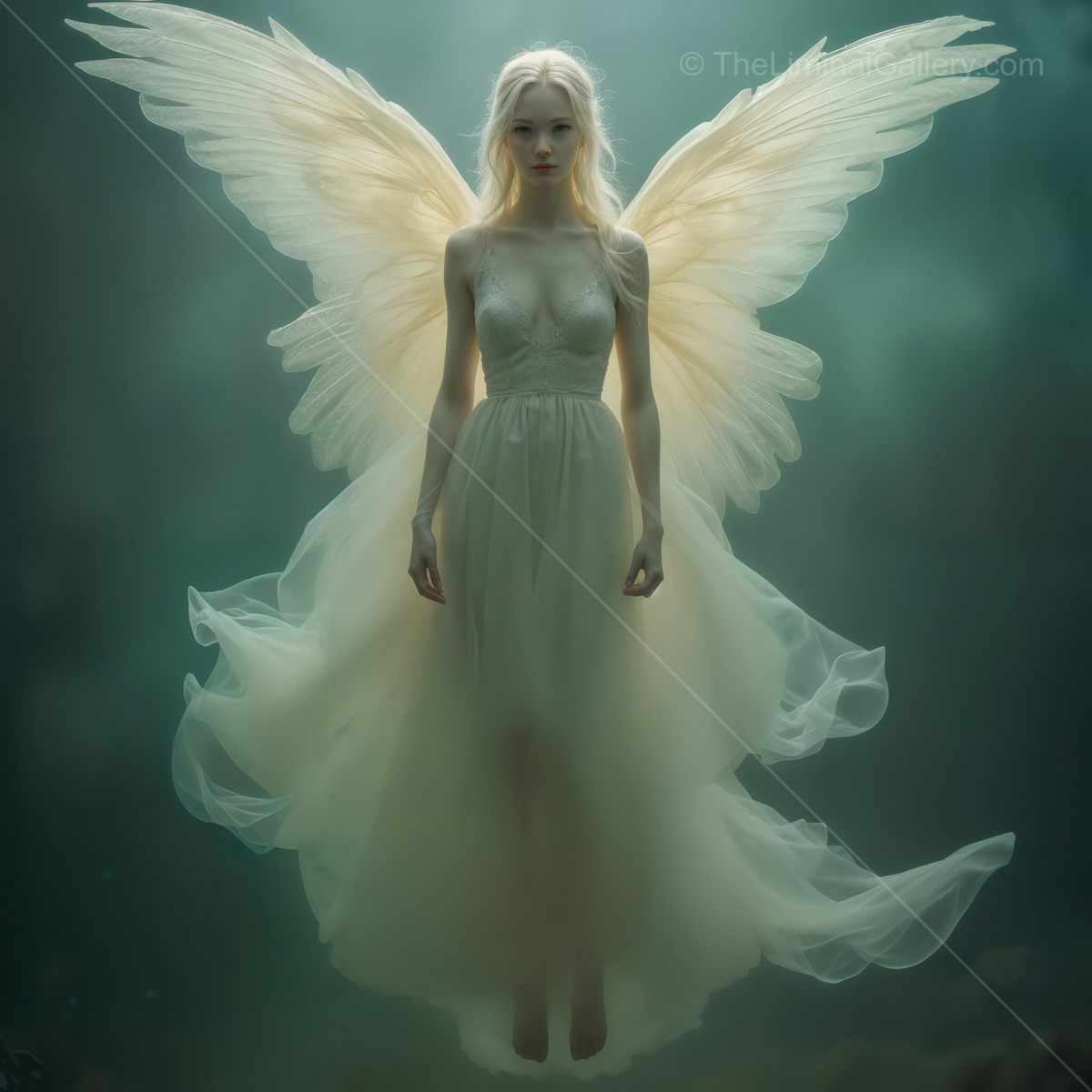 Ethereal being with angelic wings floats gracefully in a mystical underwater scene