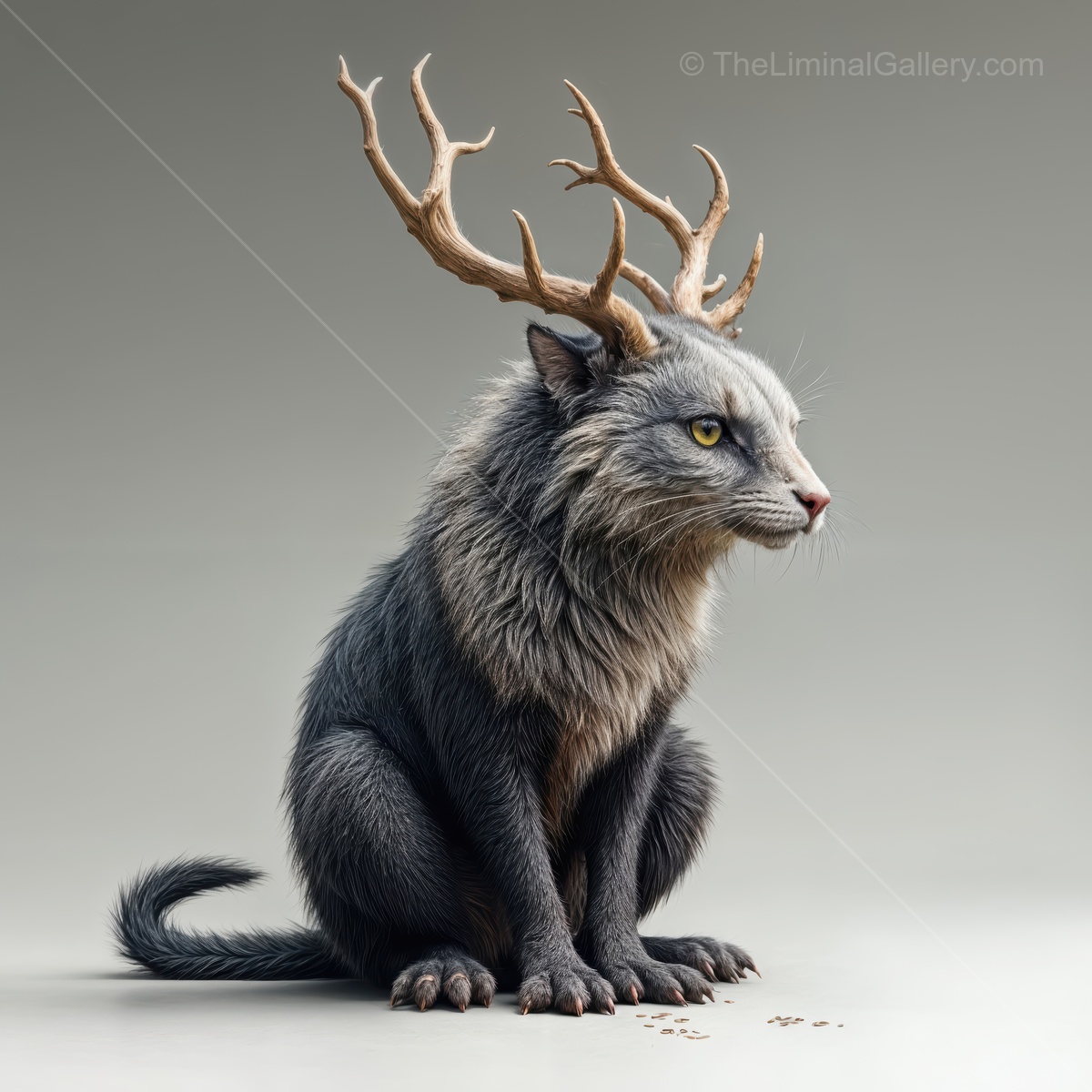 Magical creature with antlers sitting gracefully, blending features of a feline and a deer in a surreal scene