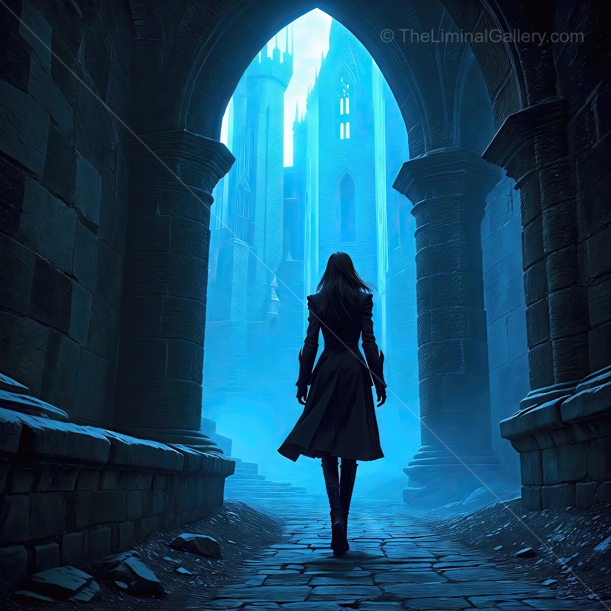 Mysterious vampire hunter walks through an ancient archway towards a hauntingly beautiful castle at twilight