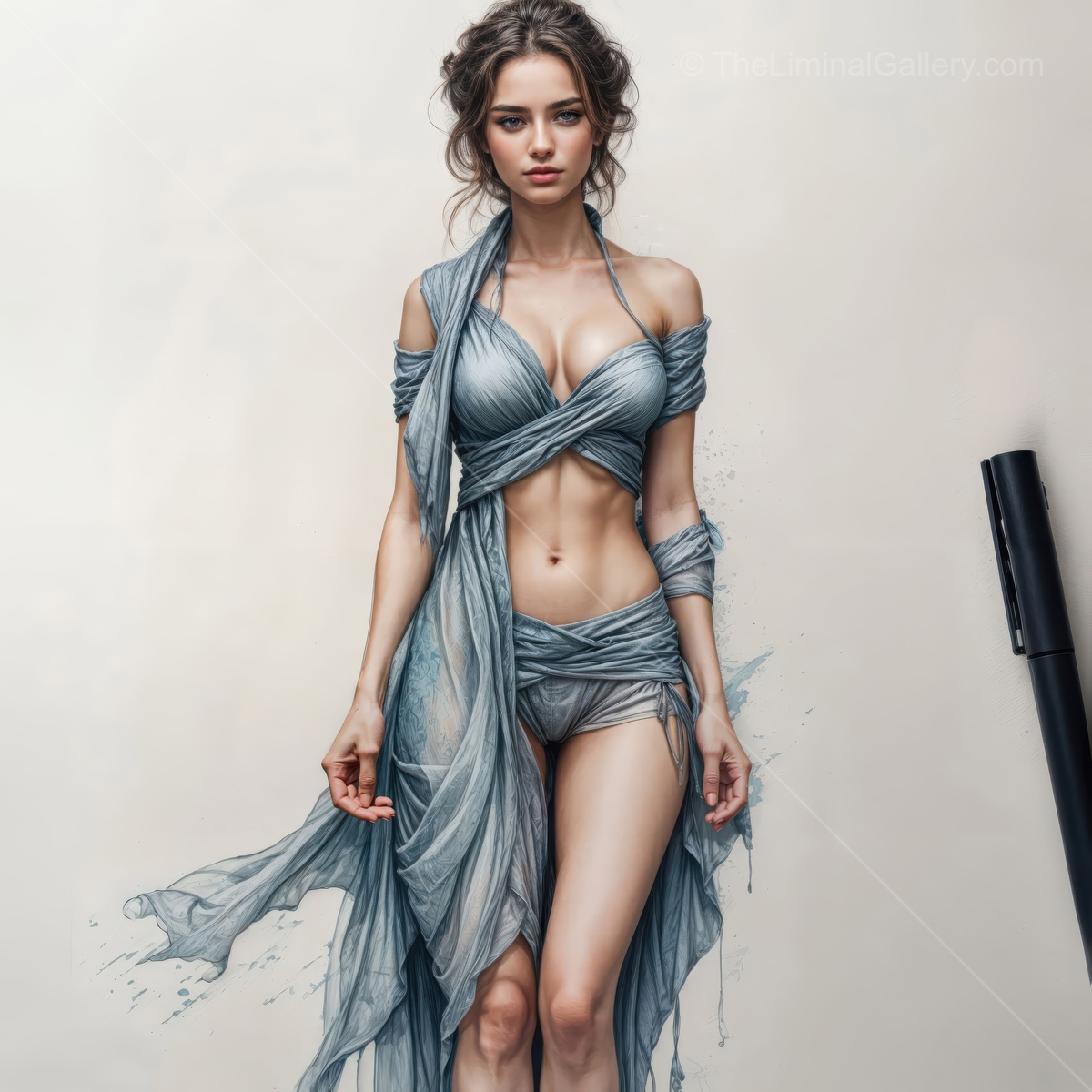 Artistic interpretation of a young woman in flowing attire, blending reality and creativity on a canvas