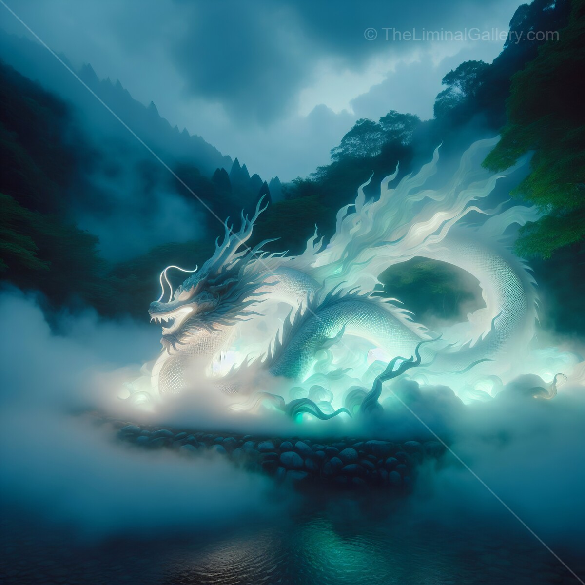 Majestic Chinese dragon coils ethereally in misty mountains at twilight, illuminating the ancient waters below