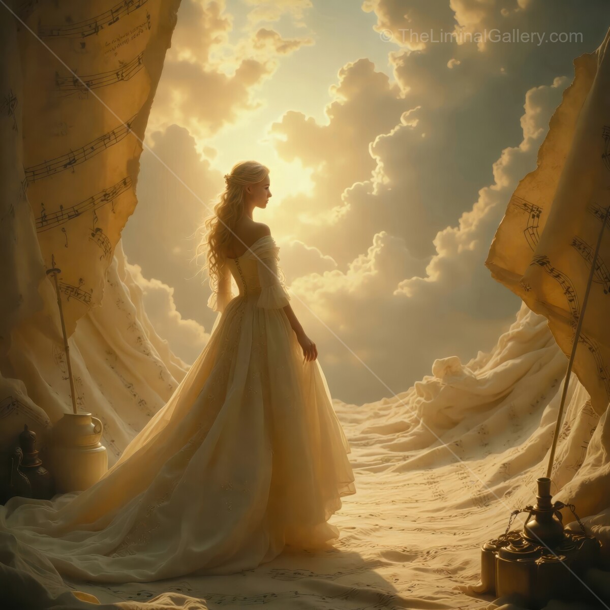 Beautiful muse stands gracefully in flowing gown against a backdrop of glowing clouds and musical sheets at dawn
