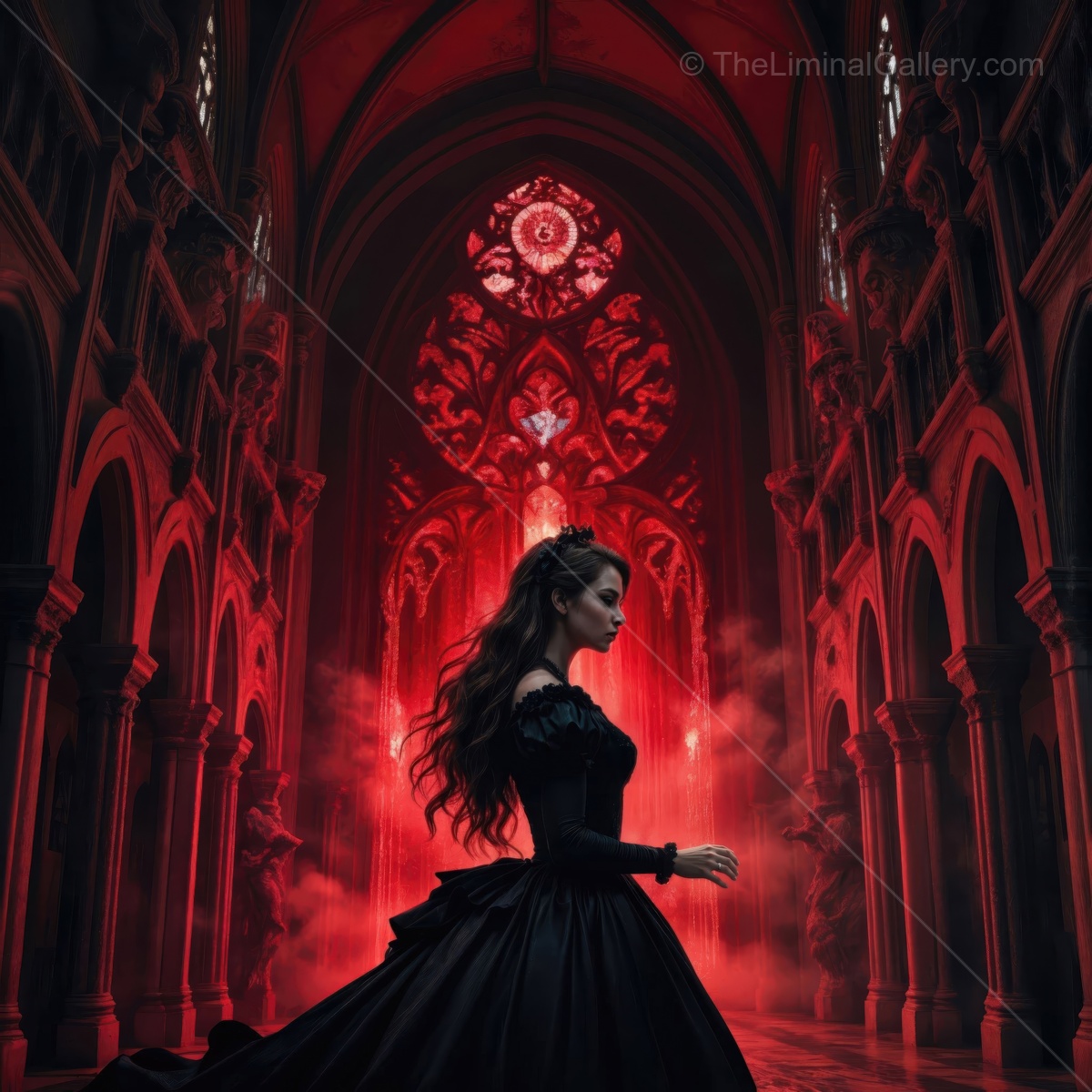 Woman in a black gown walks beneath vaulted arches and stained glass washed in red, low smoke curling at her feet inside a shadowed chapel