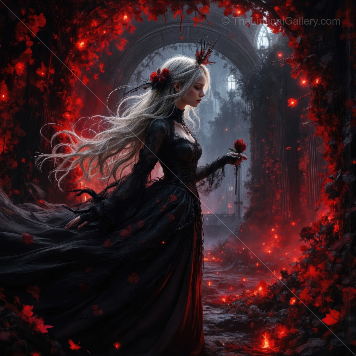 Woman in an elegant black gown pauses beneath a vine-covered arch in a red-lit forest, red roses crowding the path as shadows ripple across her gaze