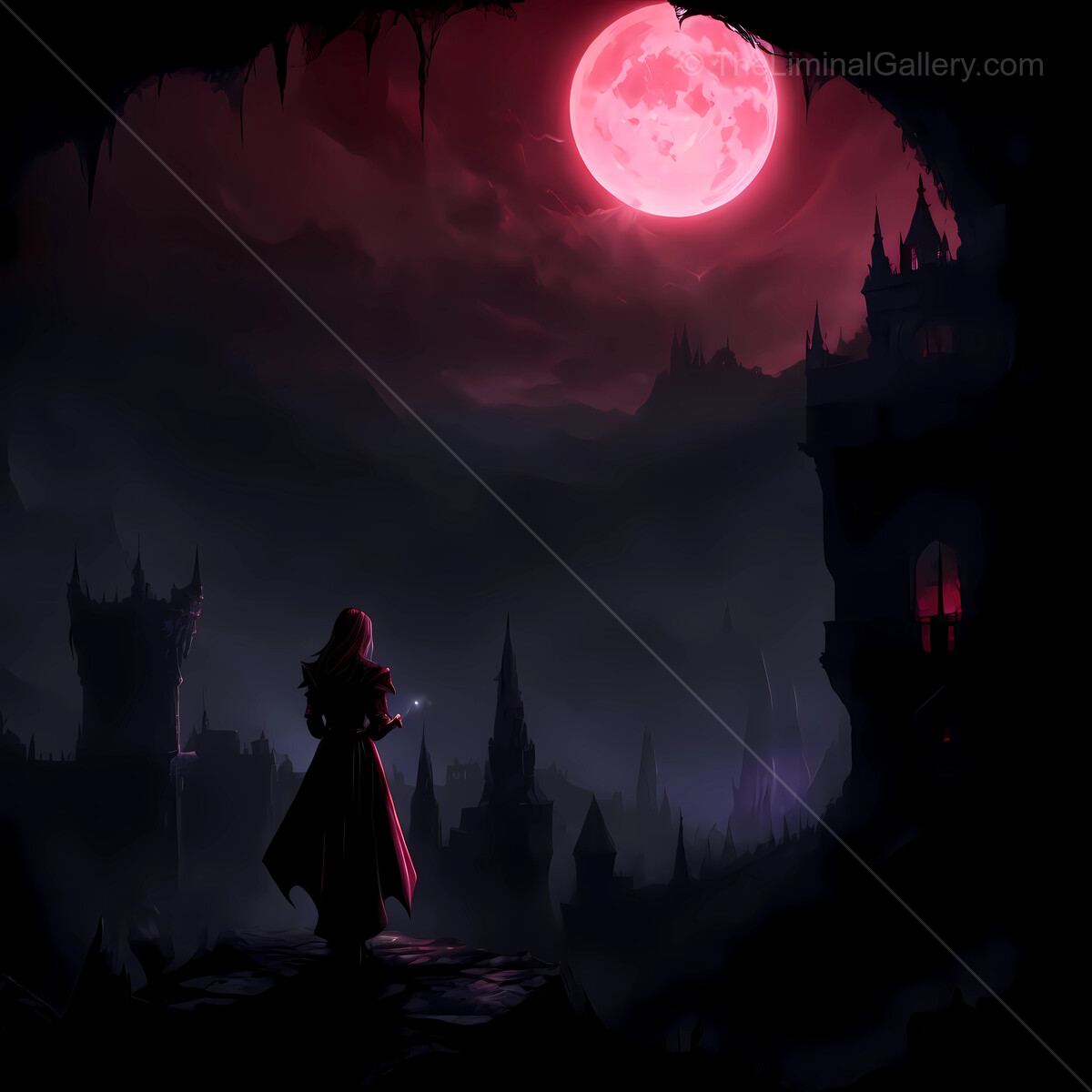 Dark vampire hunter within a gothic landscape under a blood-red moon illuminating an eerie castle