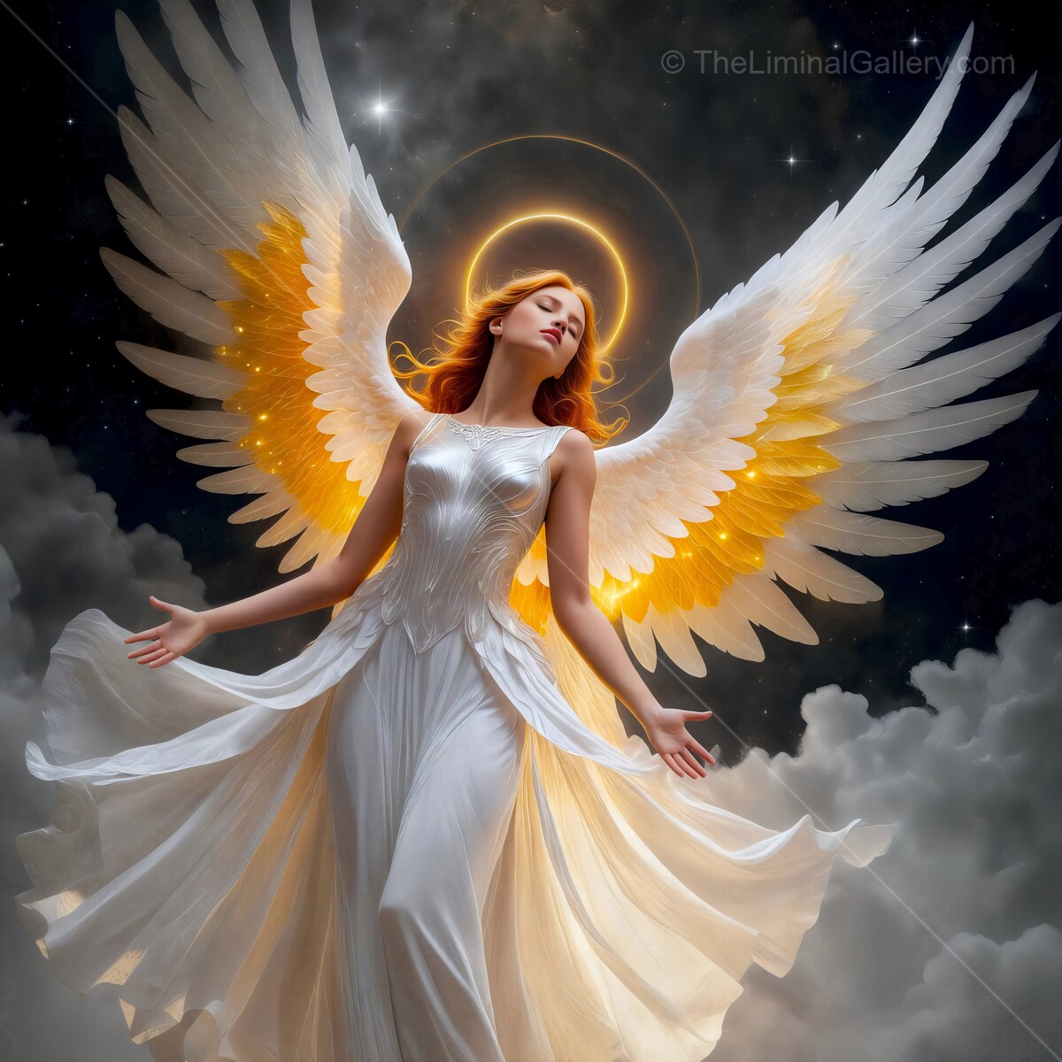 Ethereal angelic beauty soars through celestial skies, radiating divine light and grace in a moment of serenity and peace