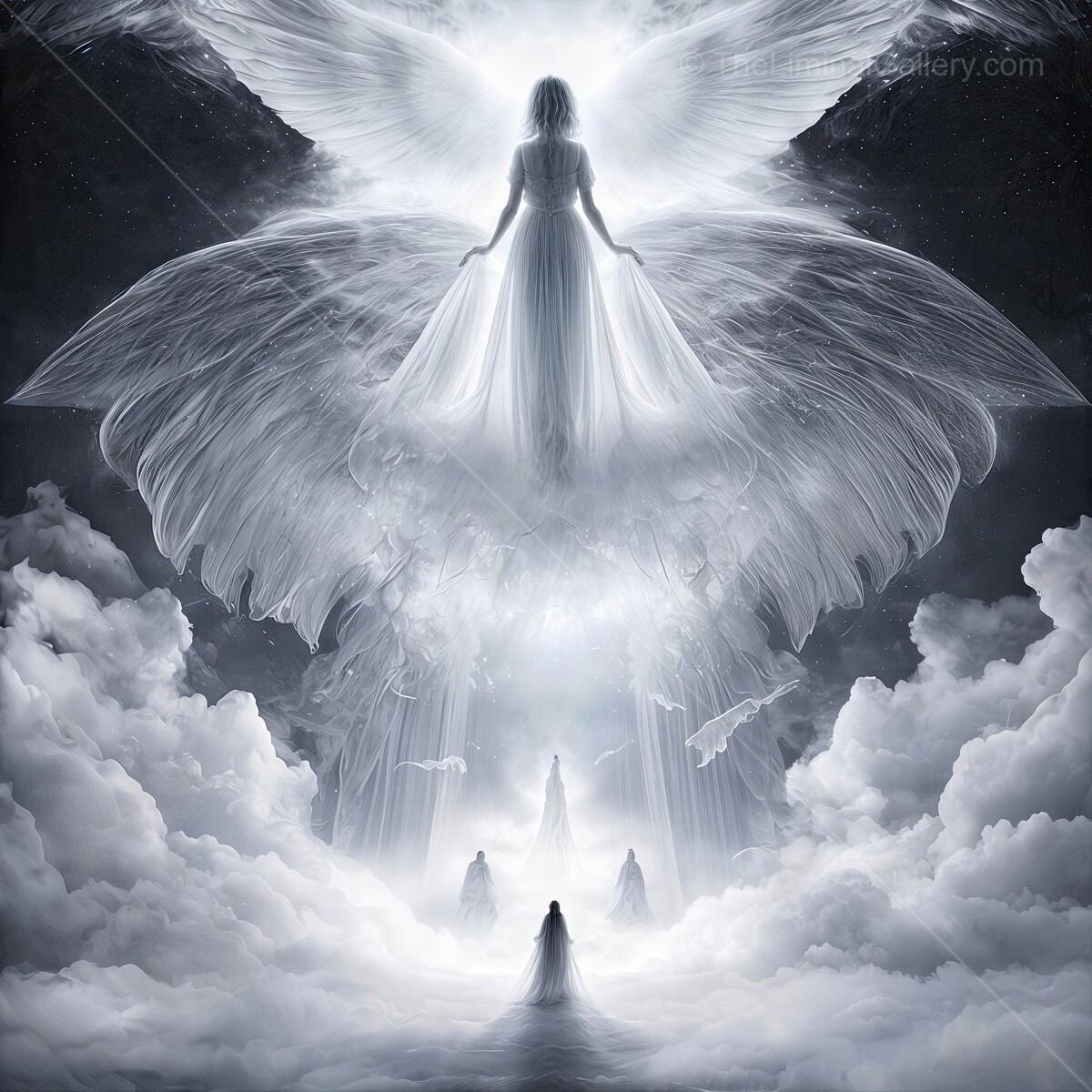 Enigmatic figure ascends through luminous clouds in a celestial realm at twilight