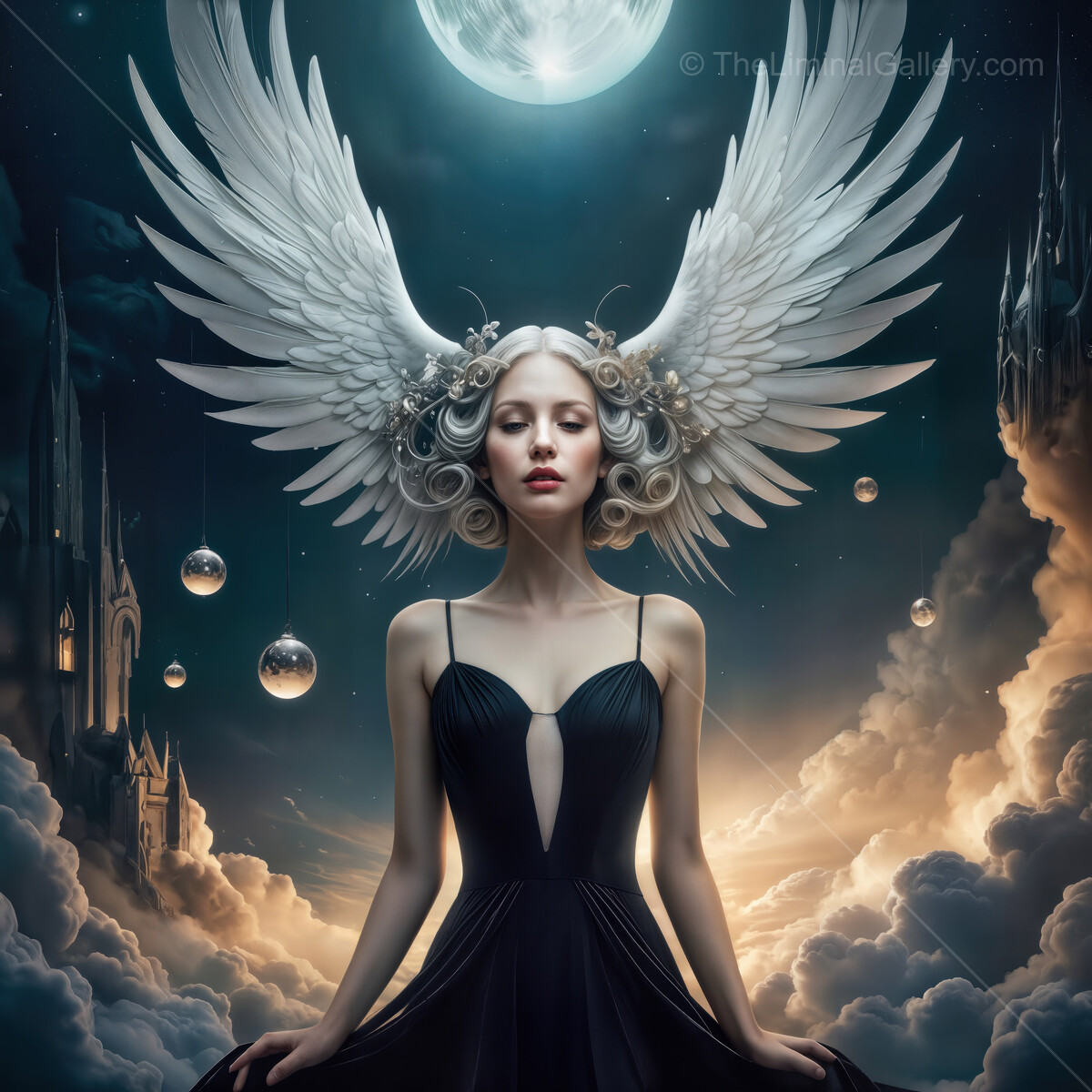 Celestial figures embodying grace and mystery amidst a dreamlike night sky adorned with moonlight