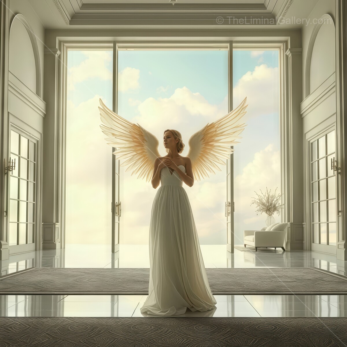 Ethereal angel with wings stands gracefully in a sunlit hall, embodying beauty and serenity