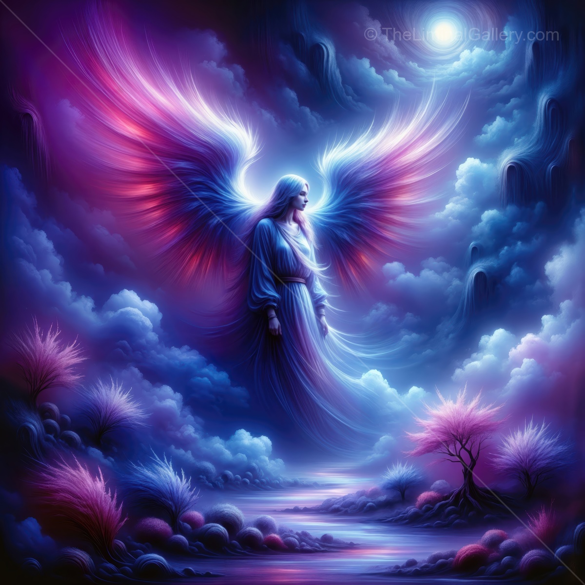 Celestial guardian stands in a serene landscape under a moonlit sky with vibrant colors and ethereal wings illuminating the scene