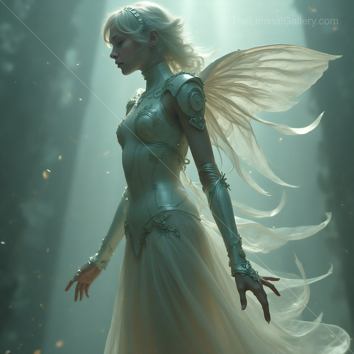 Enchanting ethereal fairy standing in a mystical forest, illuminated by soft light during twilight