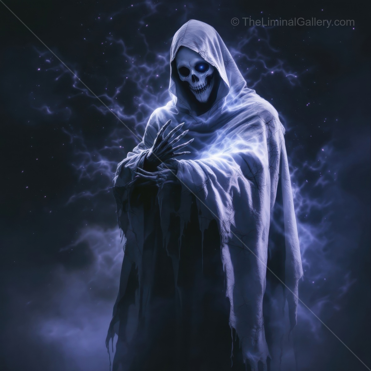 Mysterious figure in dark cloak stands amidst lightning and shadows at midnight