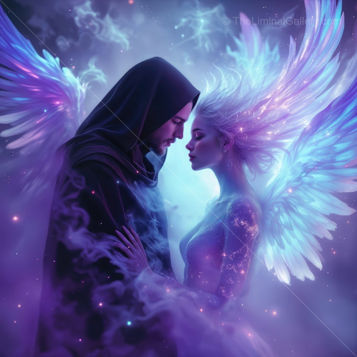 Emotional encounter between celestial beings surrounded by cosmic light at twilight