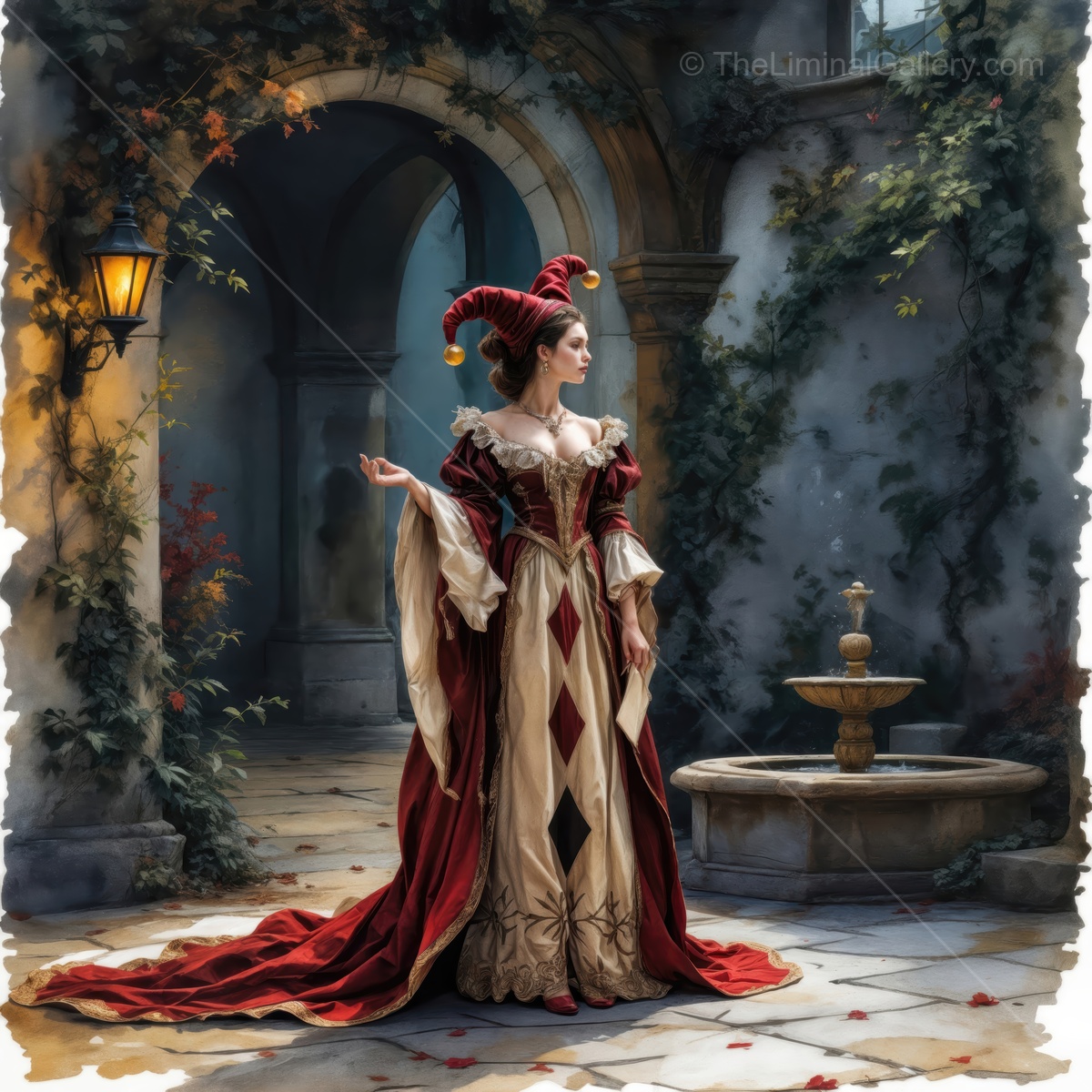 Elegant court jester in a historical courtyard during sunset with a serene fountain