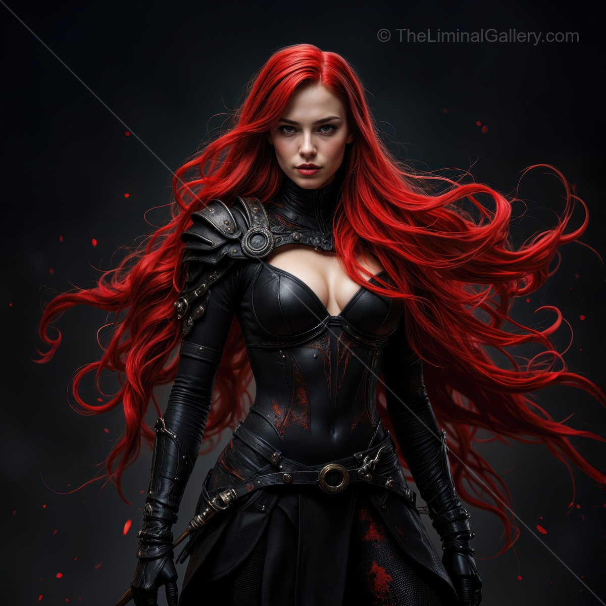 Striking figure in dark armor showcasing fierce determination and flowing red hair in a dramatic fantasy setting with shadows and vibrant colors