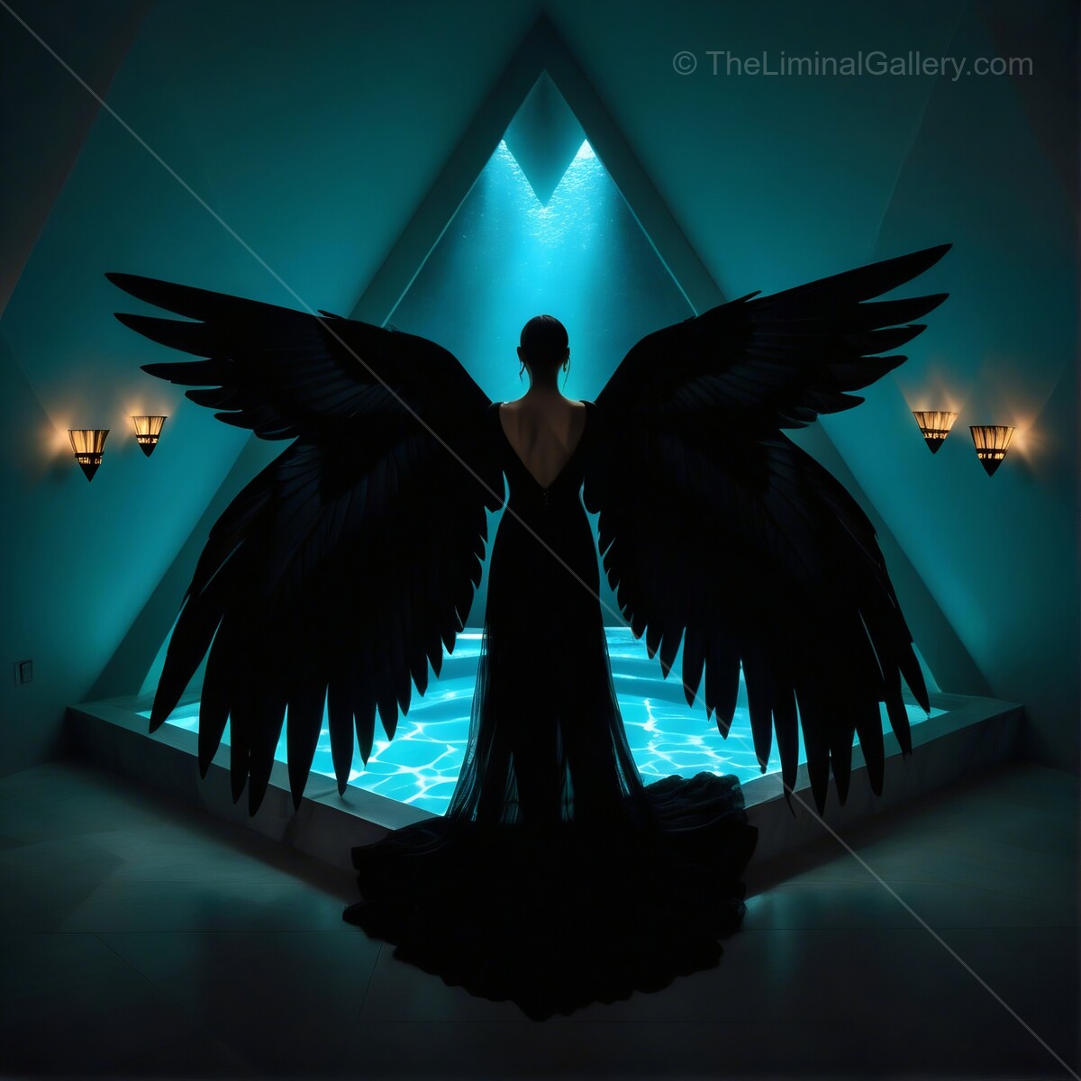 Mysterious butteryfly-like angel with dark wings stands before a shimmering blue pool in an ethereal setting