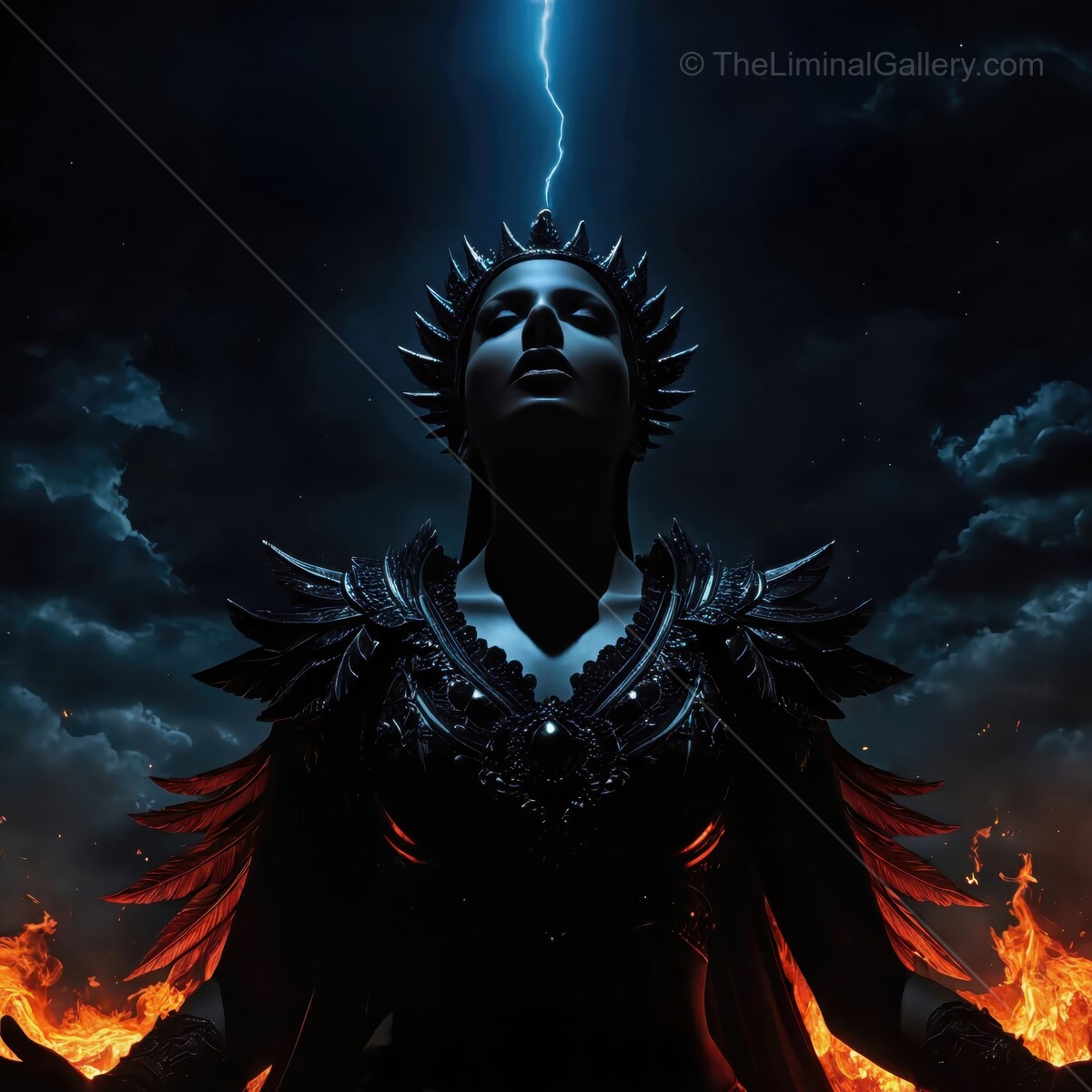 Dark goddess commanding the storm under a turbulent sky with fiery flames