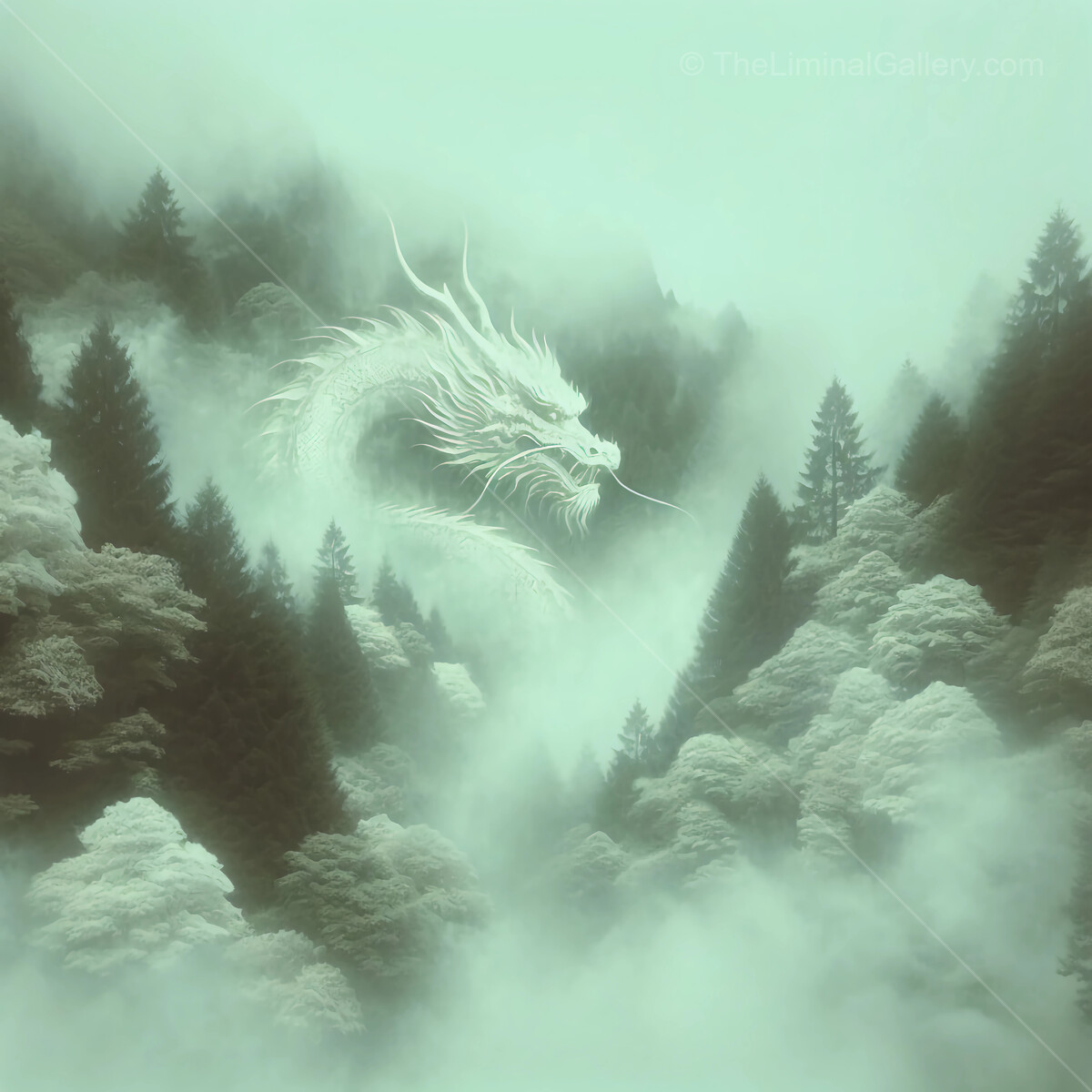 Enigmatic dragon gliding through misty forests at dawn, evoking ancient tales and wonder