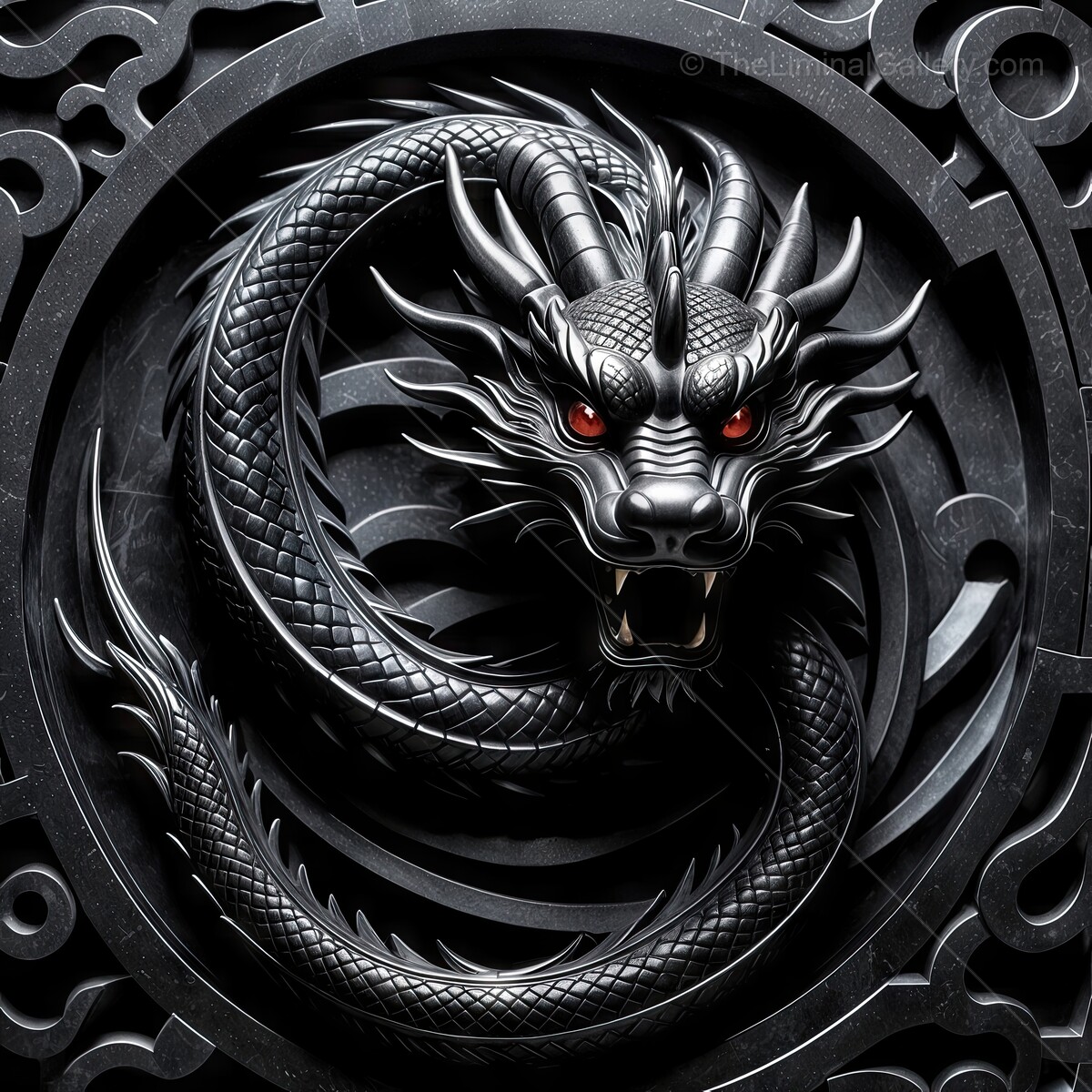 Dramatic black dragon sculpture with intricate details showcasing fierce expression and captivating design