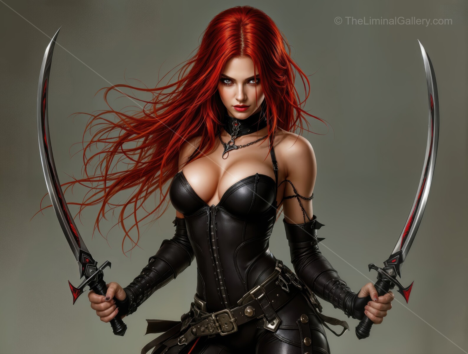 Fierce warrior brandishing dual swords in a dramatic pose showing strength and confidence