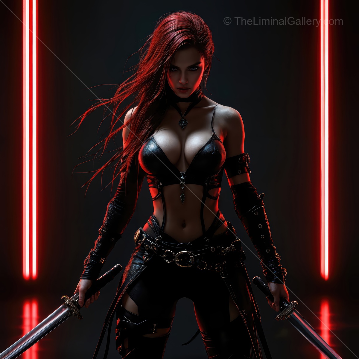 Warrior in dark attire wielding dual swords under vibrant red lighting