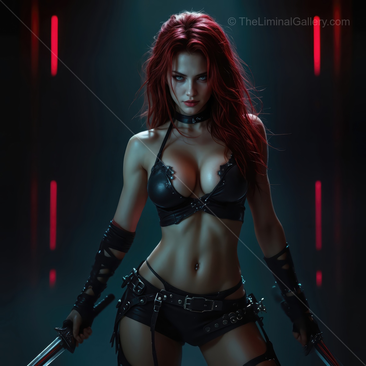 Fierce warrior stands confidently in a dark futuristic setting wielding dual swords at night