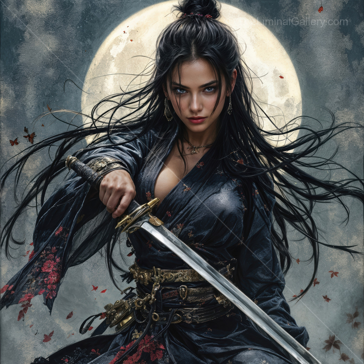 Eastern warrior woman stands poised under the luminous moon in a fantasy realm, embodying strength, beauty, and determination