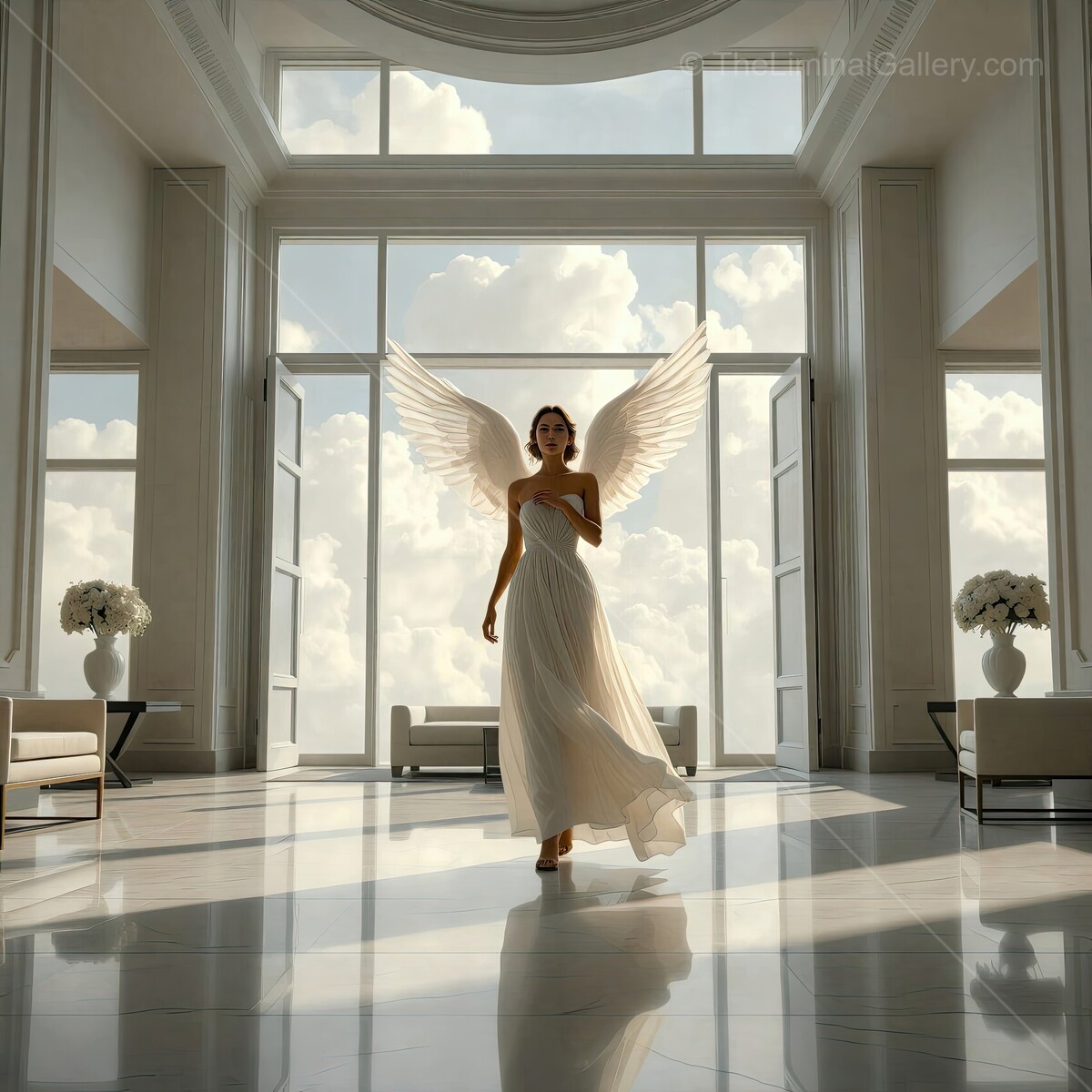 Elegant figure with angelic wings glides through a sunlit, modern interior showcasing ethereal beauty and grace