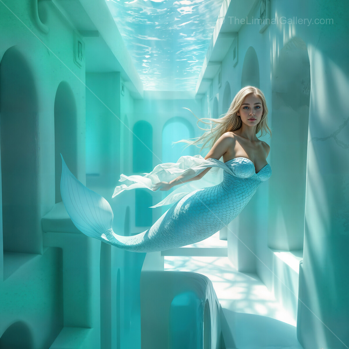 Elegant mermaid gliding through an ethereal underwater cityscape during daylight