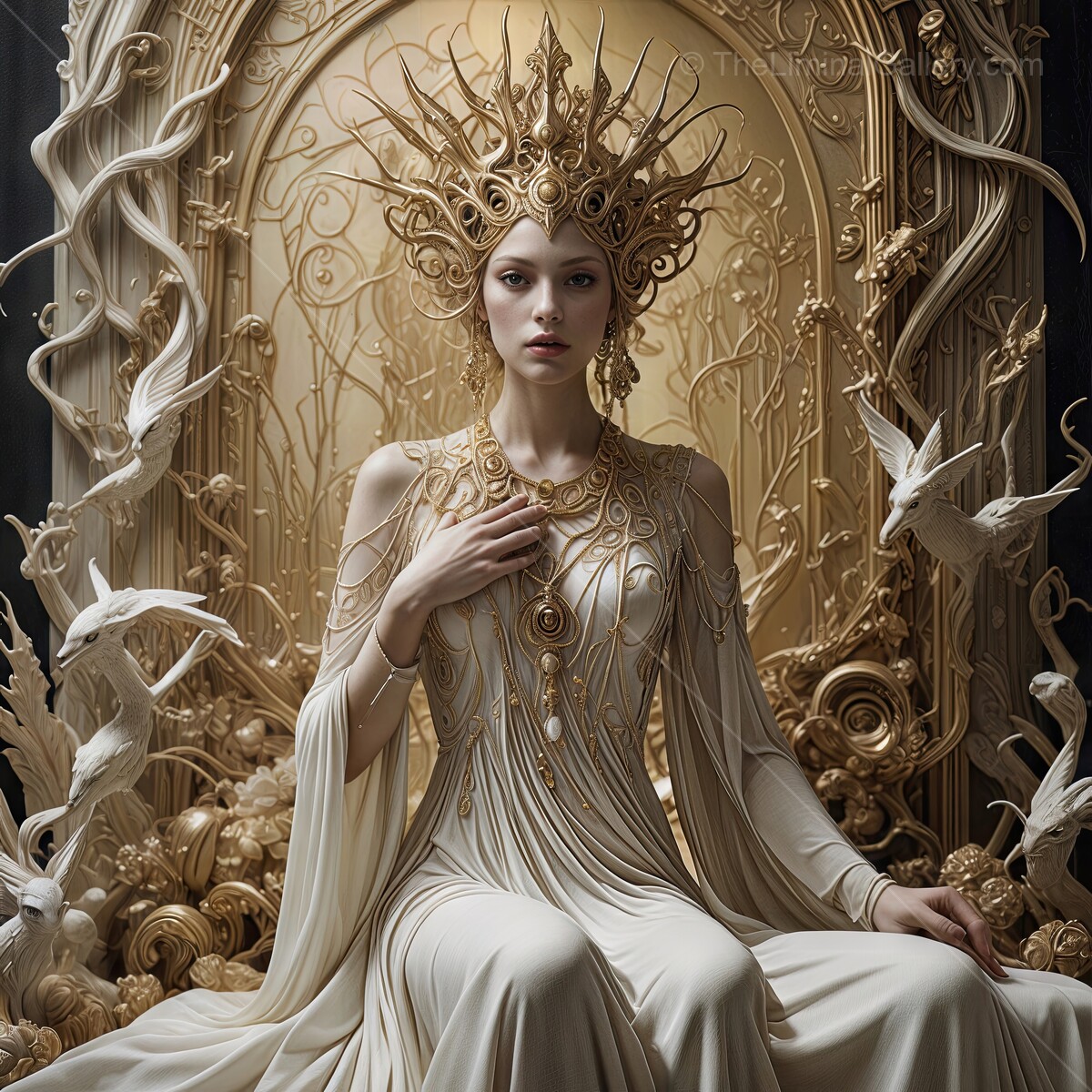 Elegant queen adorned in golden attire, surrounded by intricate sculptures