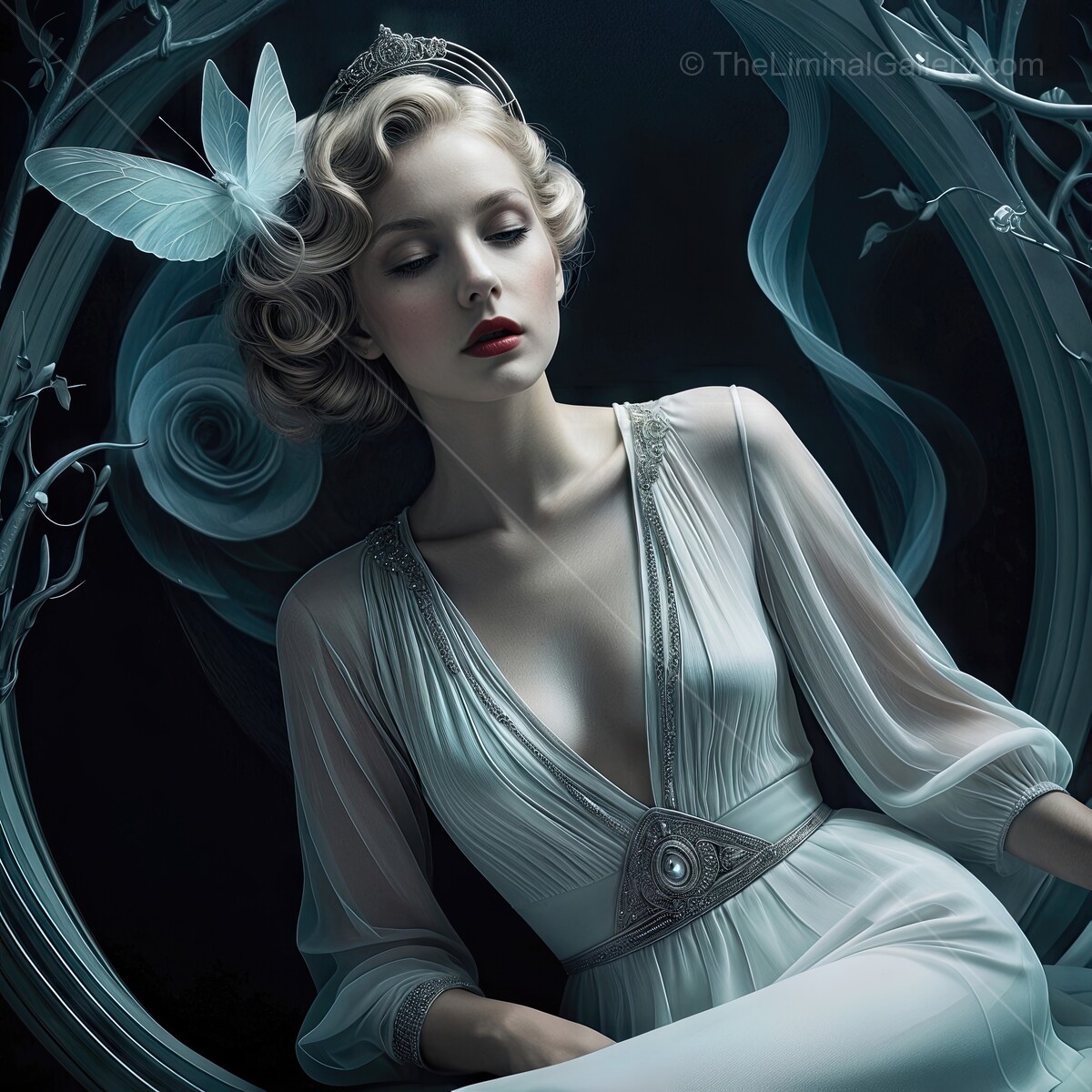 Enchanted beauty sits gracefully, draped in soft fabric while a butterfly flutters nearby in an ethereal setting