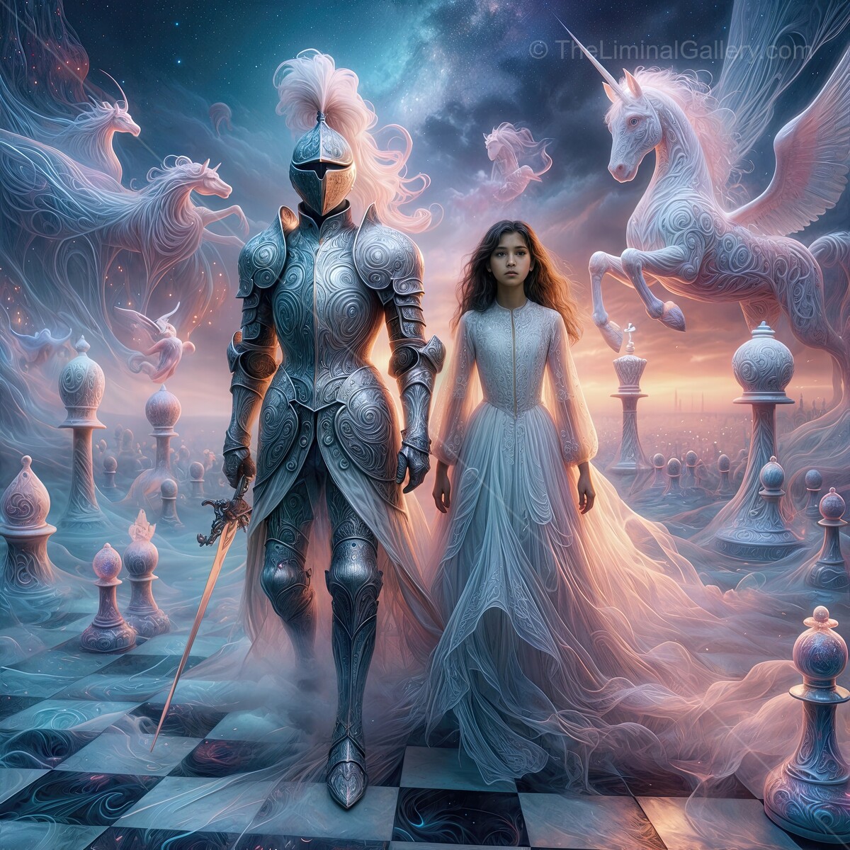 Enchanted chessboard realm where a knight and a young girl embark on a mystical adventure at dawn
