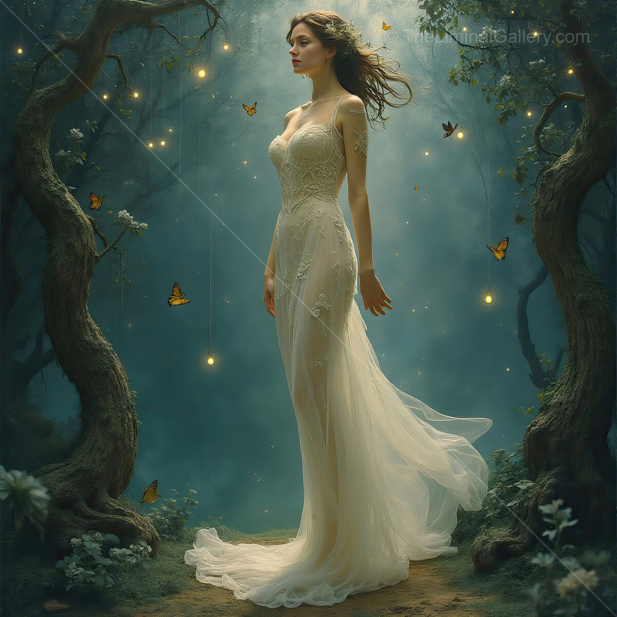 Enchanted forest whispers at twilight as a bride stands in ethereal beauty with butterflies dancing around her