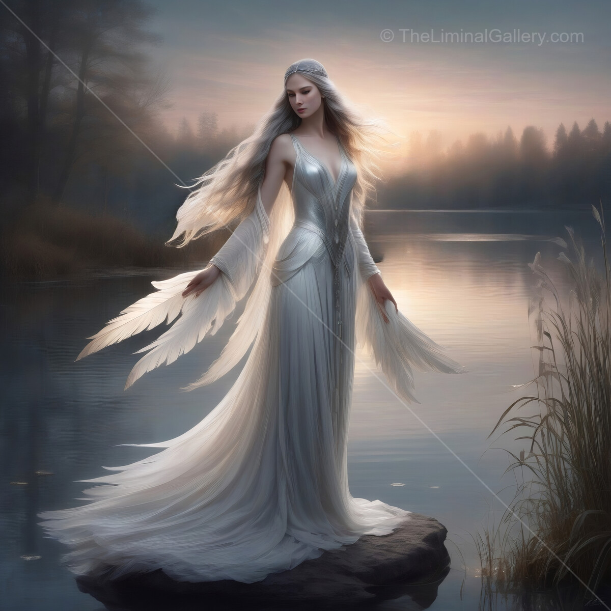 Enigmatic Swan Maiden in flowing white gown standing gracefully by serene lake during twilight