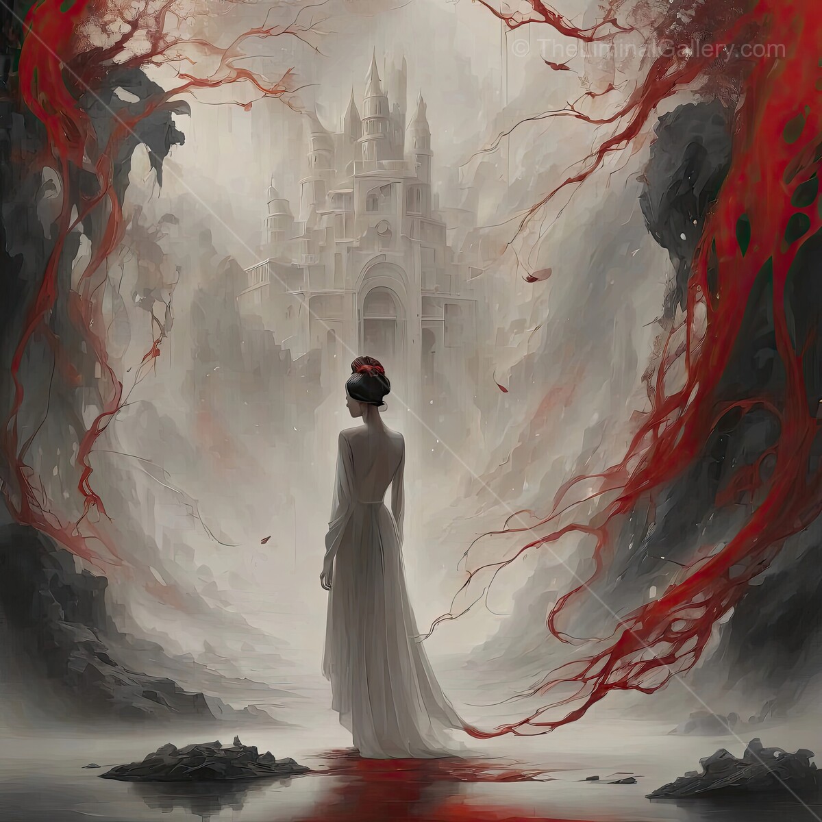 Enchanted Asian woman gazes at a castle draped in shadows and crimson in a surreal landscape