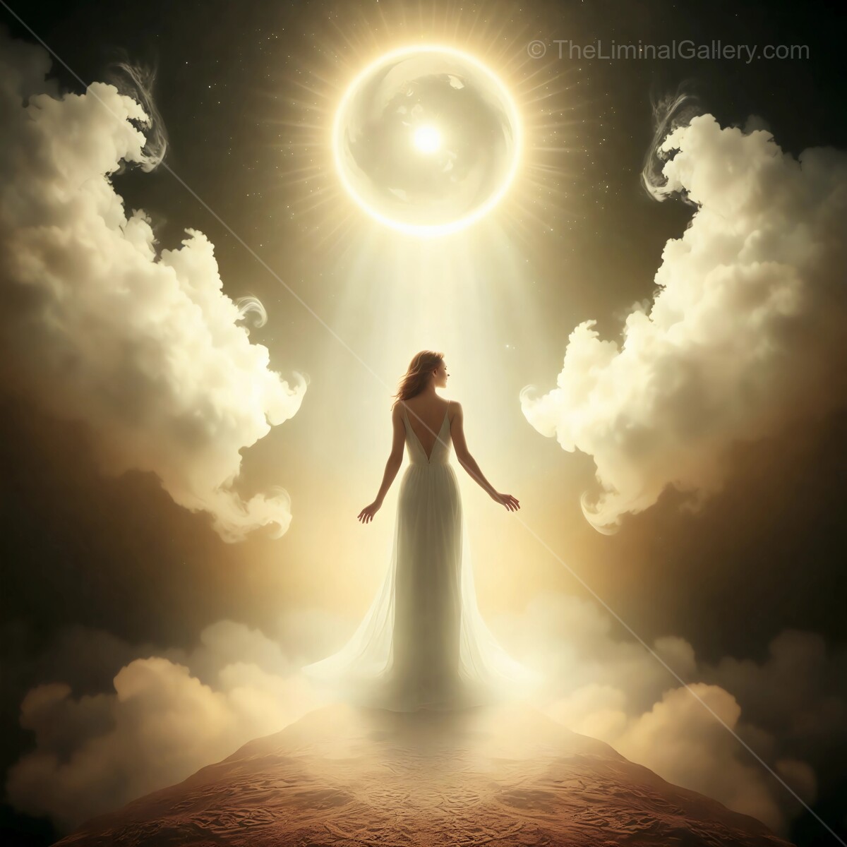 Enchanting priestess emerges amidst celestial clouds under a radiant sunbeam
