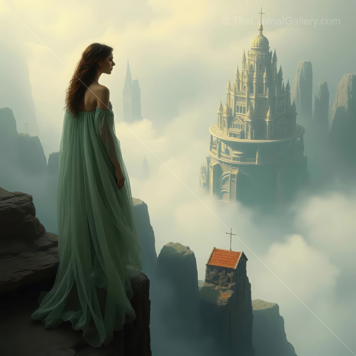 Enchanted woman gazes over a mystical landscape and ancient castle under a dreamy sky