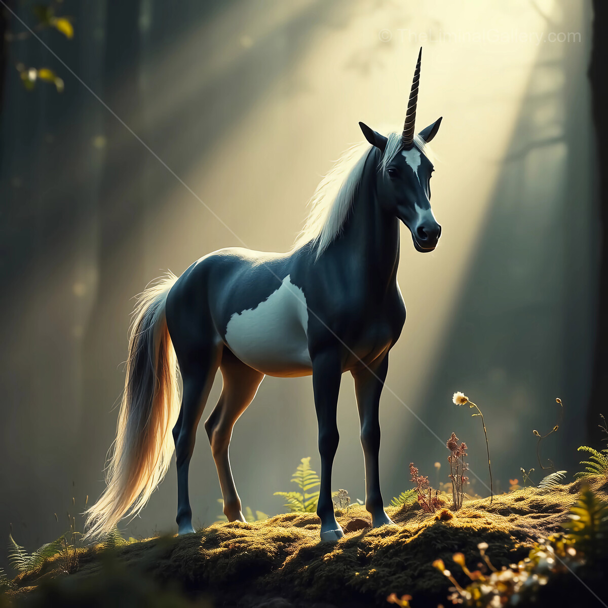 Enchanting unicorn in a mystical forest illuminated by golden sunlight